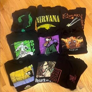 8 large Anime Graphic T-Shirts - Black